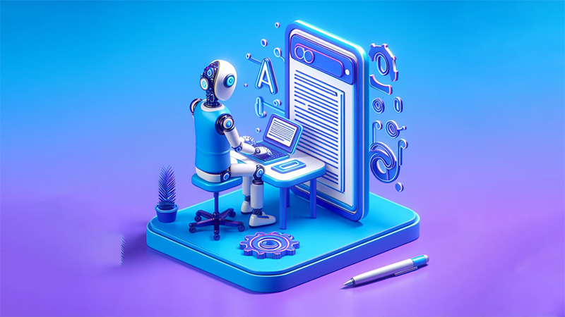 Robot sitting on desk working on laptop