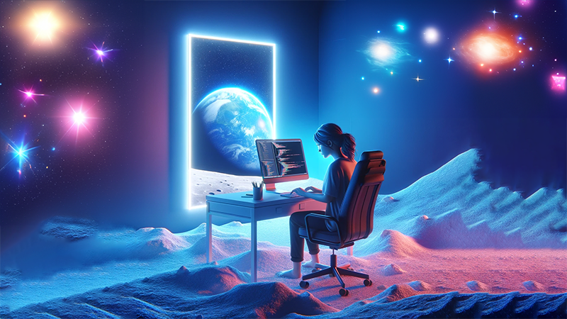 Female developer sitting on the moon