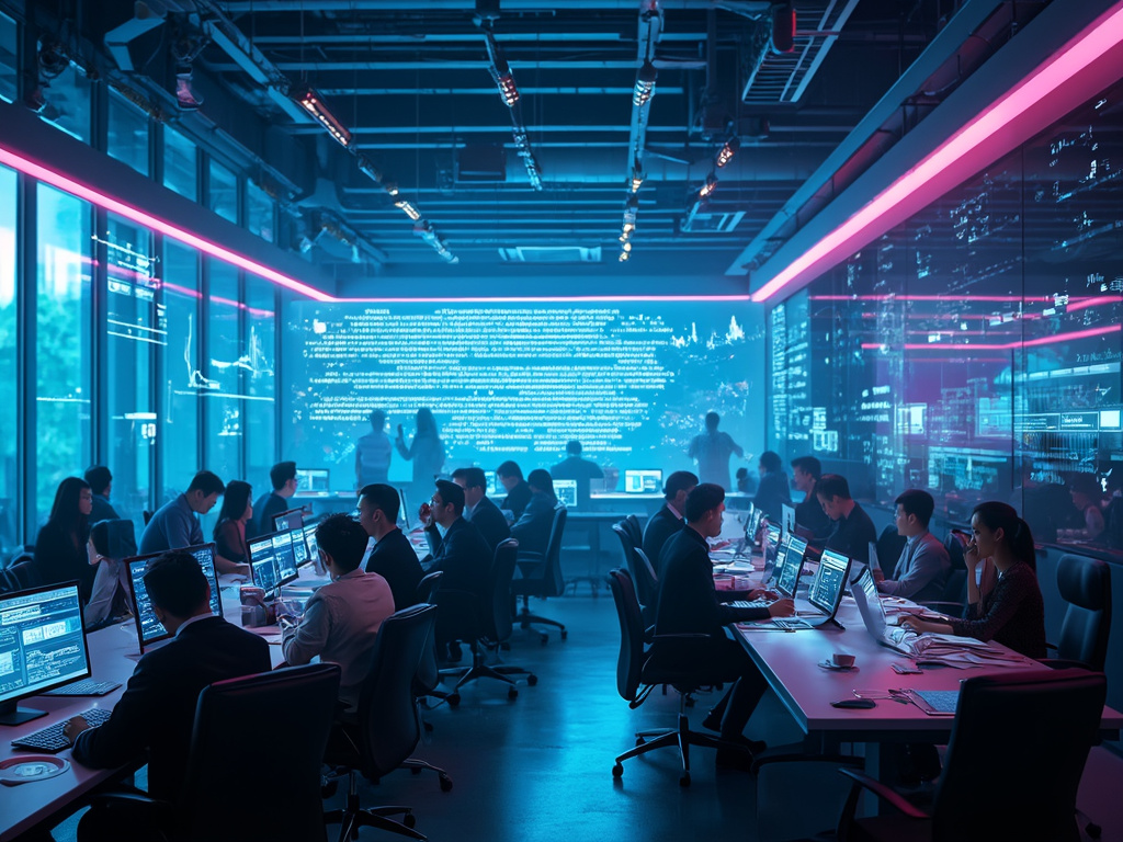 A modern newsroom with journalists, glowing blue and purple lighting, and an AI interface verifying news authenticity.