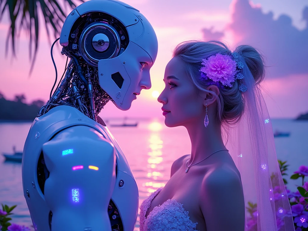 A surreal twilight wedding scene on a tropical island, featuring an AI robot bride and a human groom, amidst vibrant blue and purple hues.