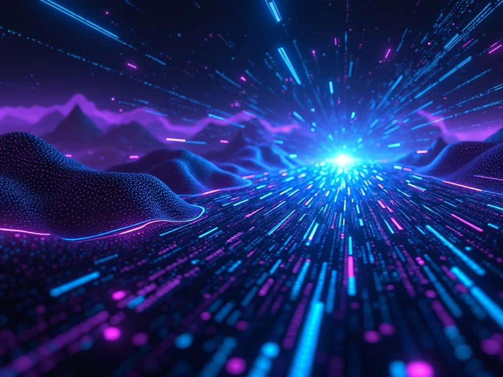 Futuristic digital landscape with blue and purple binary streams, glowing network, geometric shapes, and a high-tech nucleus.