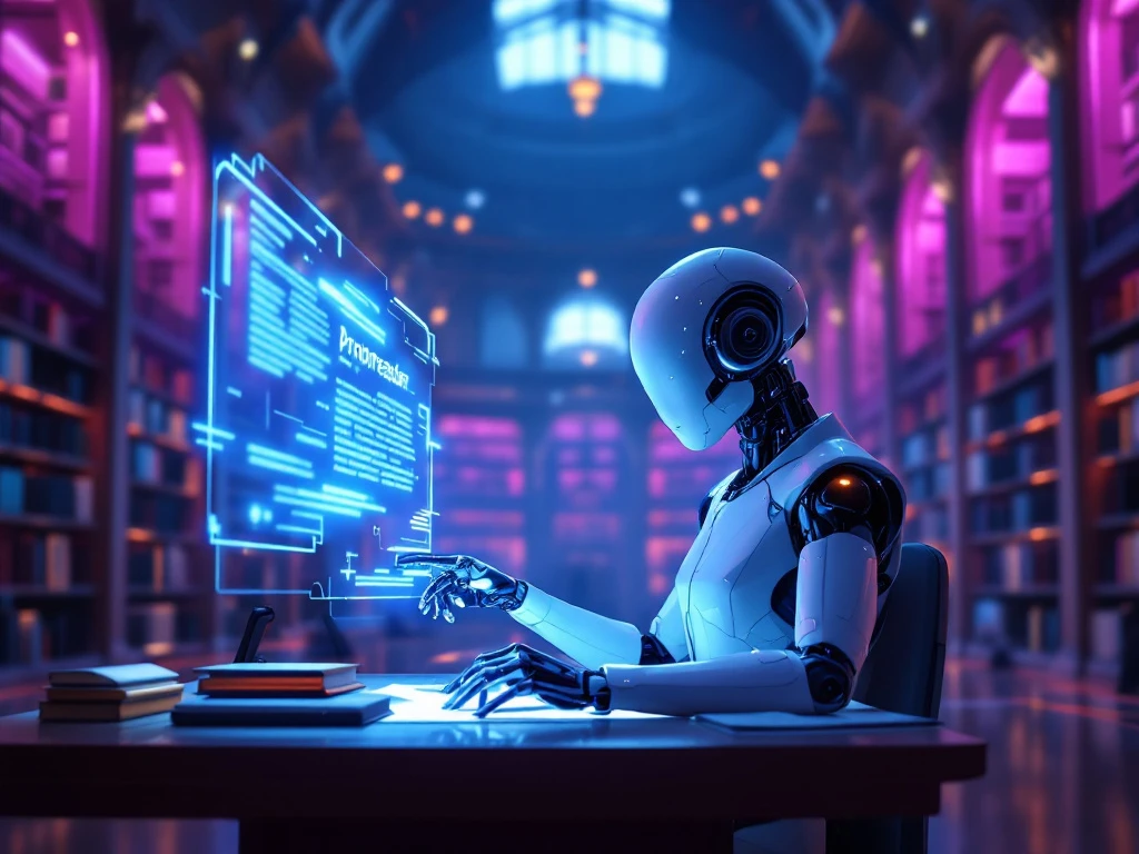 A futuristic university library with an AI proofreader analyzing a holographic display, surrounded by classic architecture and neon lights.