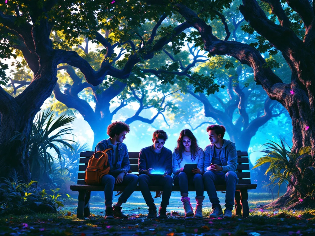 Teenagers on a bench under ancient trees, captivated by a colorful digital display, lit with azure and neon purple in a whimsical park setting.