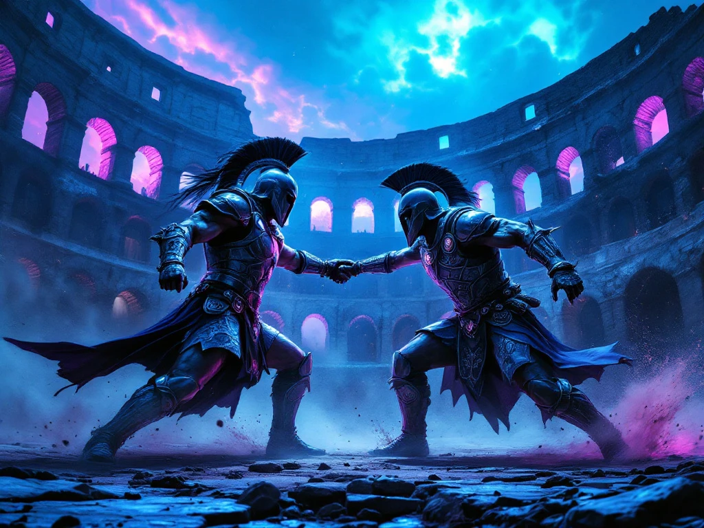 Two warriors in intricate armor battle fiercely in a glowing blue and purple colosseum, with swirling dust and dramatic shadows.