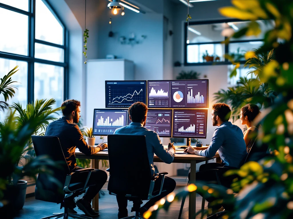 A diverse SEO team collaborates in a sunlit modern office, with screens displaying analytics and a blue-green color palette.