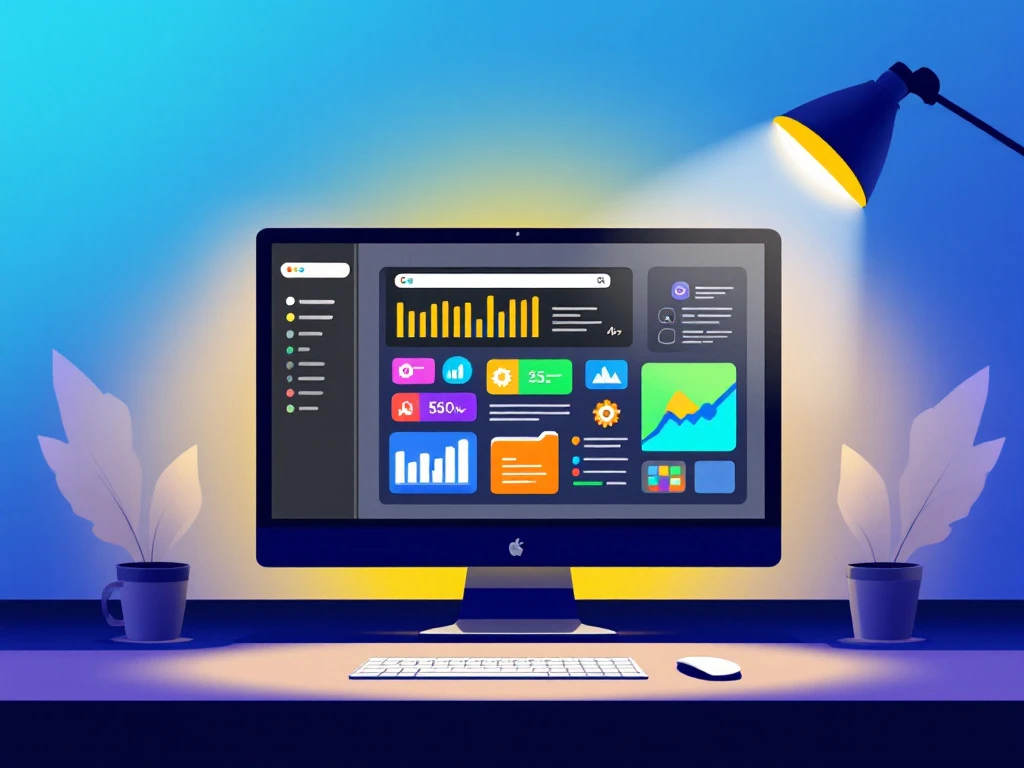 Illustration of a digital workspace with Google Search Console, featuring SEO tools icons on a monitor, set against a blue-green gradient.