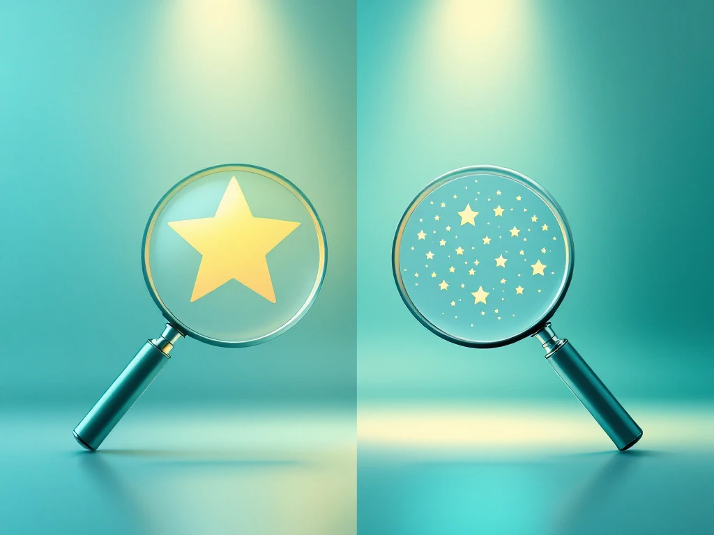 "Split image with magnifying glasses: left shows a bold star for short-tail keywords, right shows a constellation for long-tail keywords."