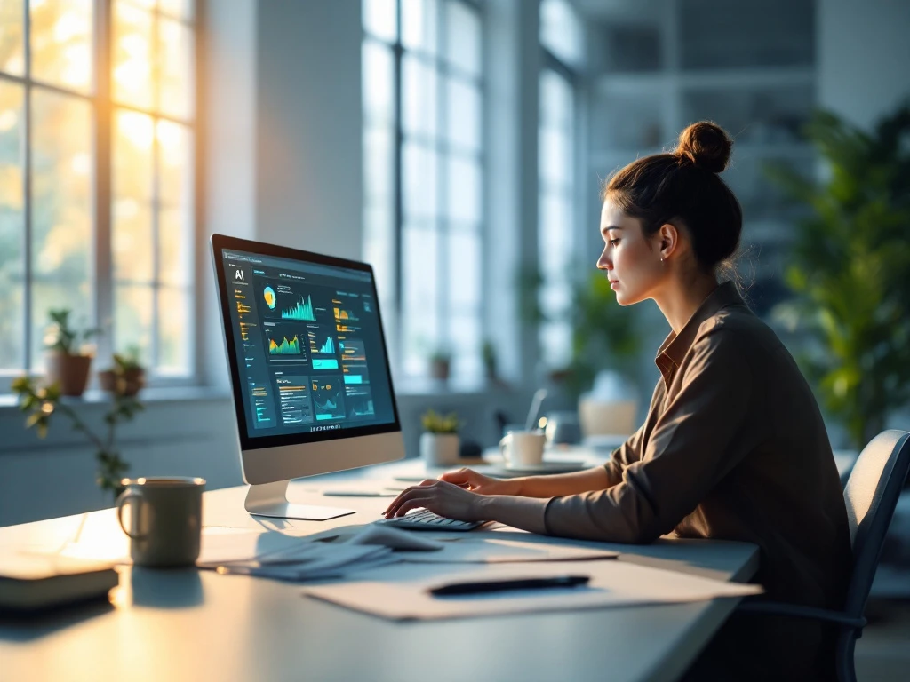 A person at a modern desk in a bright office, balancing AI analytics and traditional review methods, symbolizing tech and creativity.