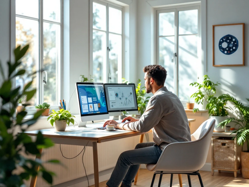 A person works at a modern desk with a computer, plant, and coffee, in a sunlit office with digital art and a calm color palette.