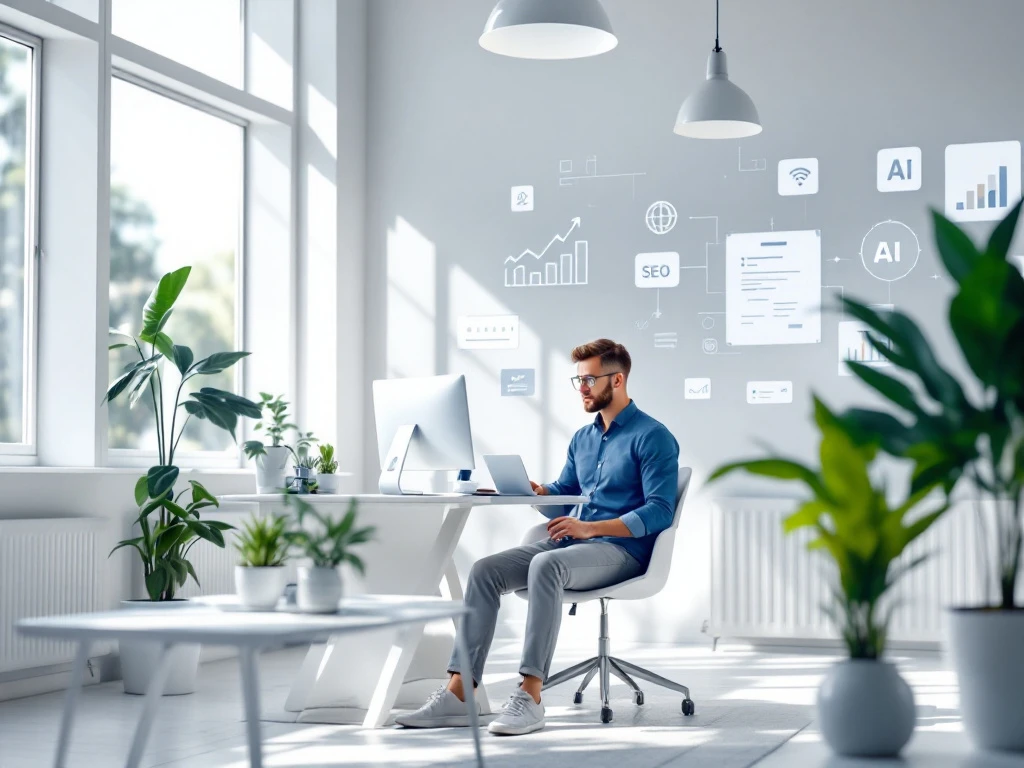 Person at a modern desk in a bright office, focused on digital marketing content creation, with AI and SEO motifs, and a potted plant.