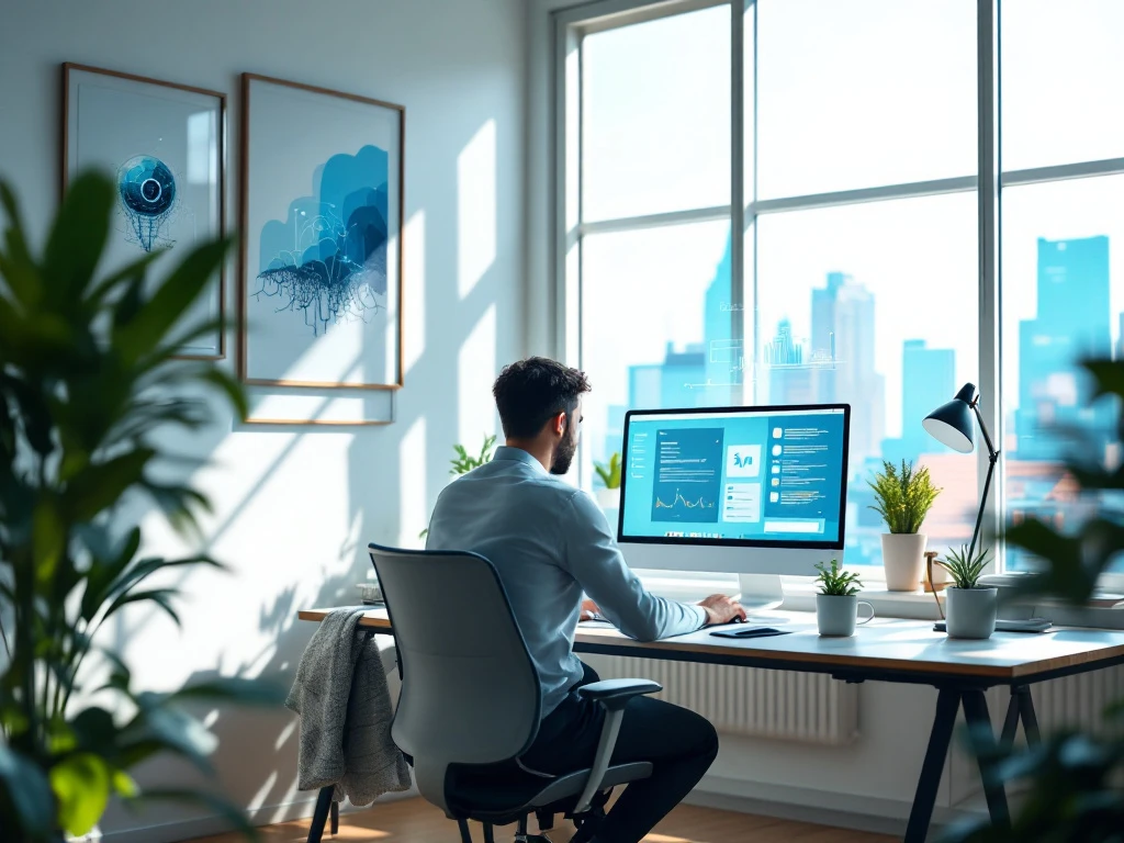 Person creating content in a bright office with AI tools, city views, and abstract art, reflecting innovation and creativity.