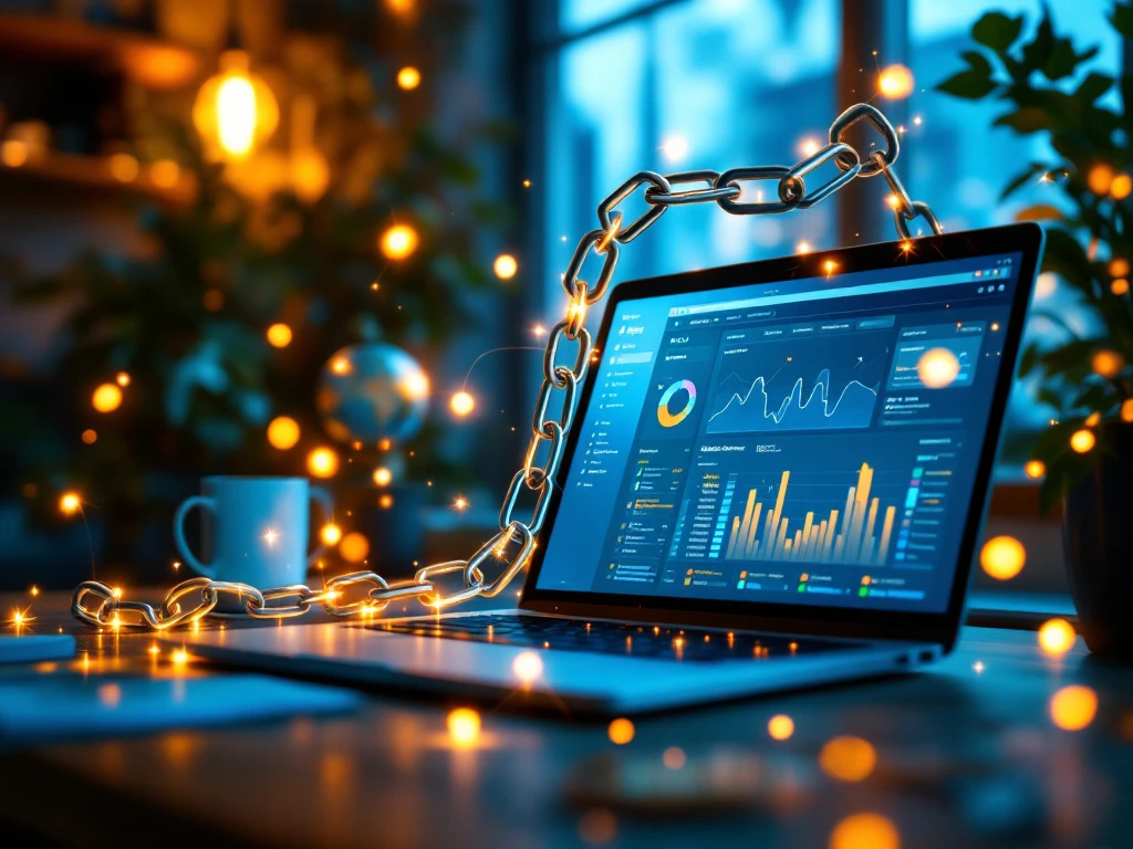 A professional digital marketing scene with a laptop showing SEO graphs, glowing chains, and a modern office backdrop in blue and green tones.