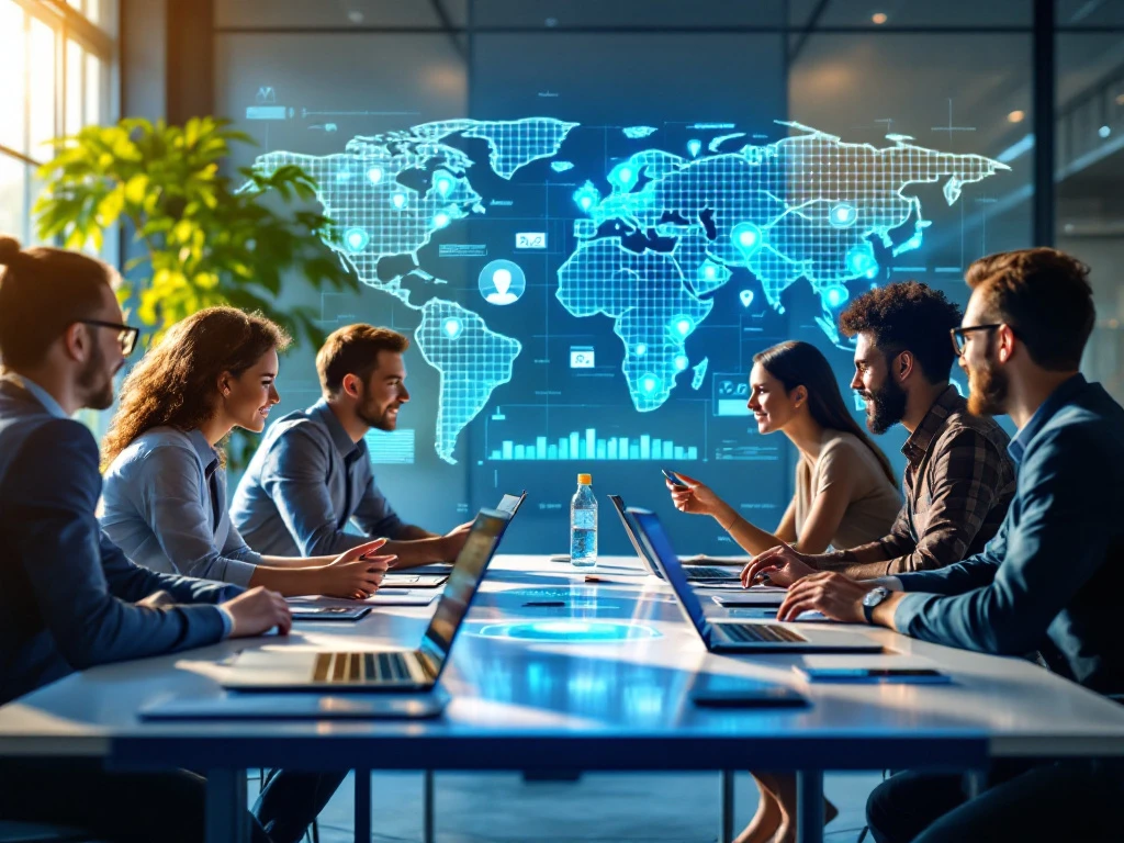 A diverse team discusses local SEO at a conference table, surrounded by gadgets, with a digital map and warm light enhancing the scene.