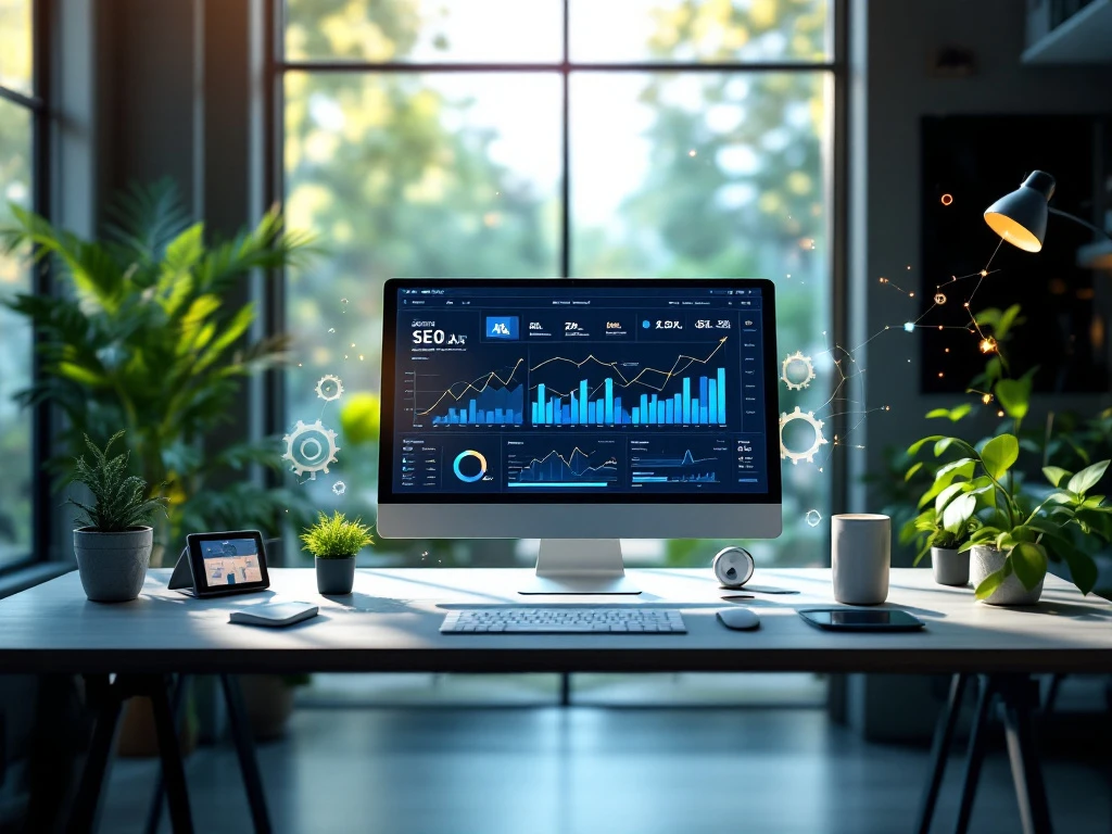 Moderni työtila luonnonvalossa, tietokoneella SEO-automaatio, AI-teknologiaa kuvaavat elementit, sinivihreä värimaailma.