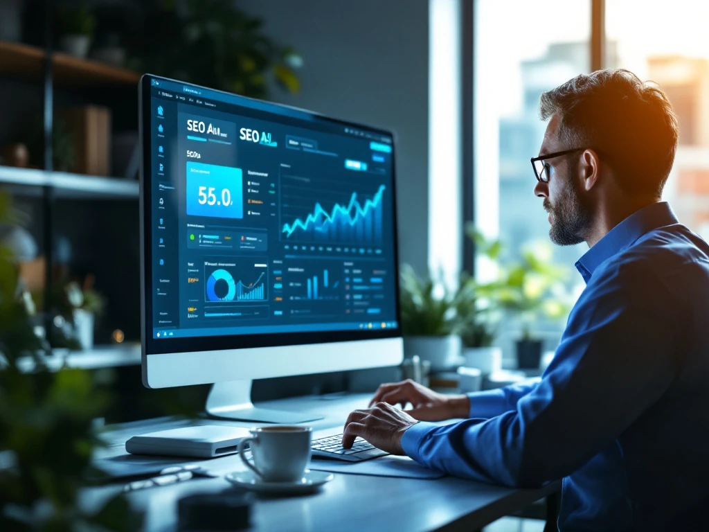 Business owner analyzing SEO dashboard in modern office, surrounded by tech tools, vibrant colors, and AI device, symbolizing growth.