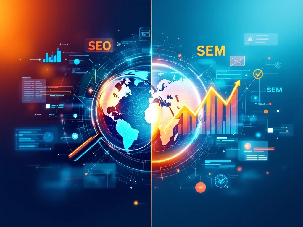 Split scene: SEO with a magnifying glass on a globe, SEM with a rising graph, blue to orange gradient background, tech elements present.