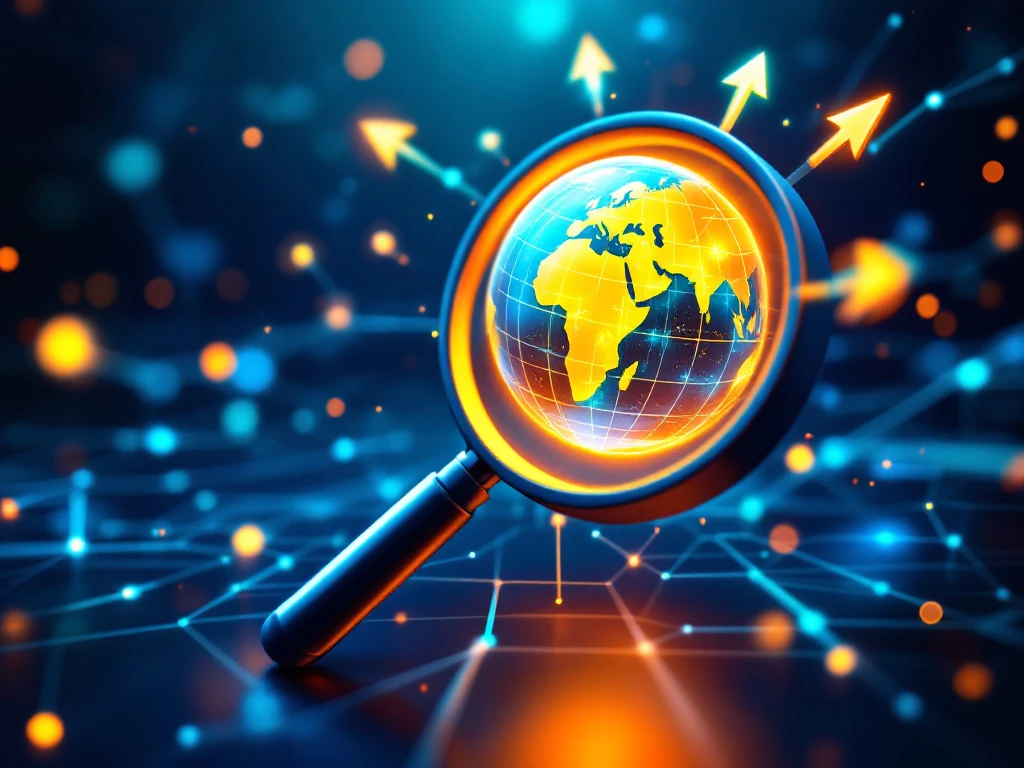 Illustration of SEO strategy: magnifying glass, globe, arrows for growth, and digital lines in blue, green, and orange hues.