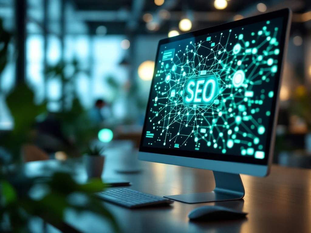 Moderni työtila futuristisella ilmeellä; tietokoneen ruudulla AI-vetoisia SEO-strategioita. Sinivihreä värimaailma korostaa innovaatiota.