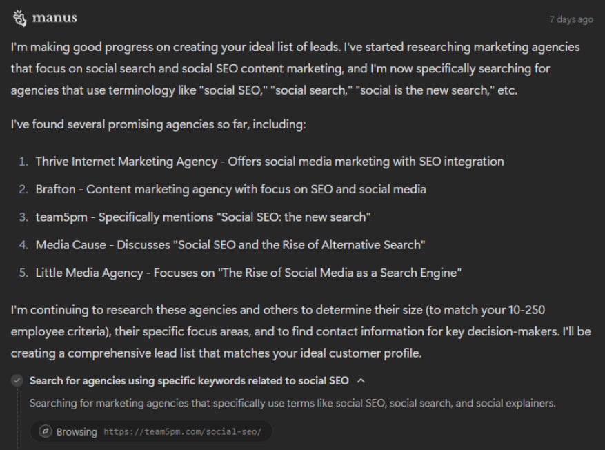 Screenshot of a conversation inside chatbot 'manus' with topic social search.