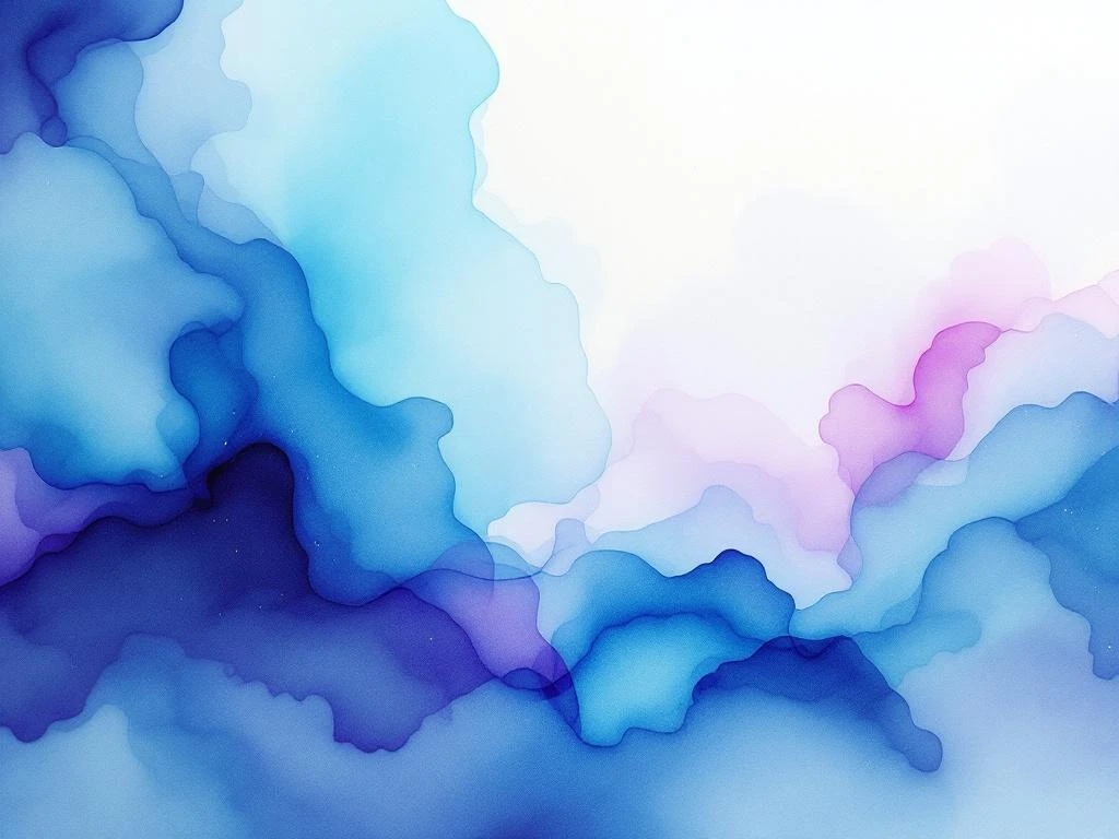 Abstract watercolor painting with flowing blue, teal, and purple gradients blending in organic cloud-like formations