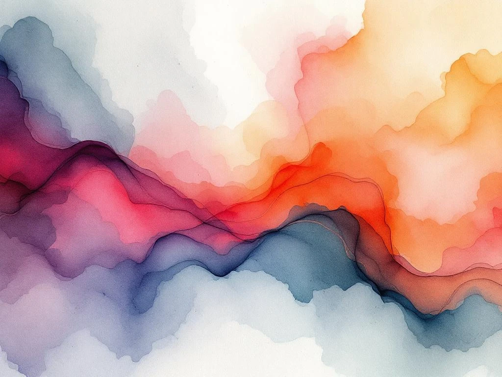 Abstract watercolor painting with flowing crimson red, amber orange, slate blue, and purple gradients blending organically.