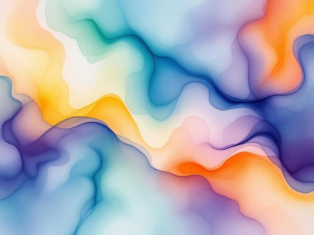 Abstract watercolor painting with flowing blues, teals, oranges, and yellows blending into organic gradients and soft transitions.