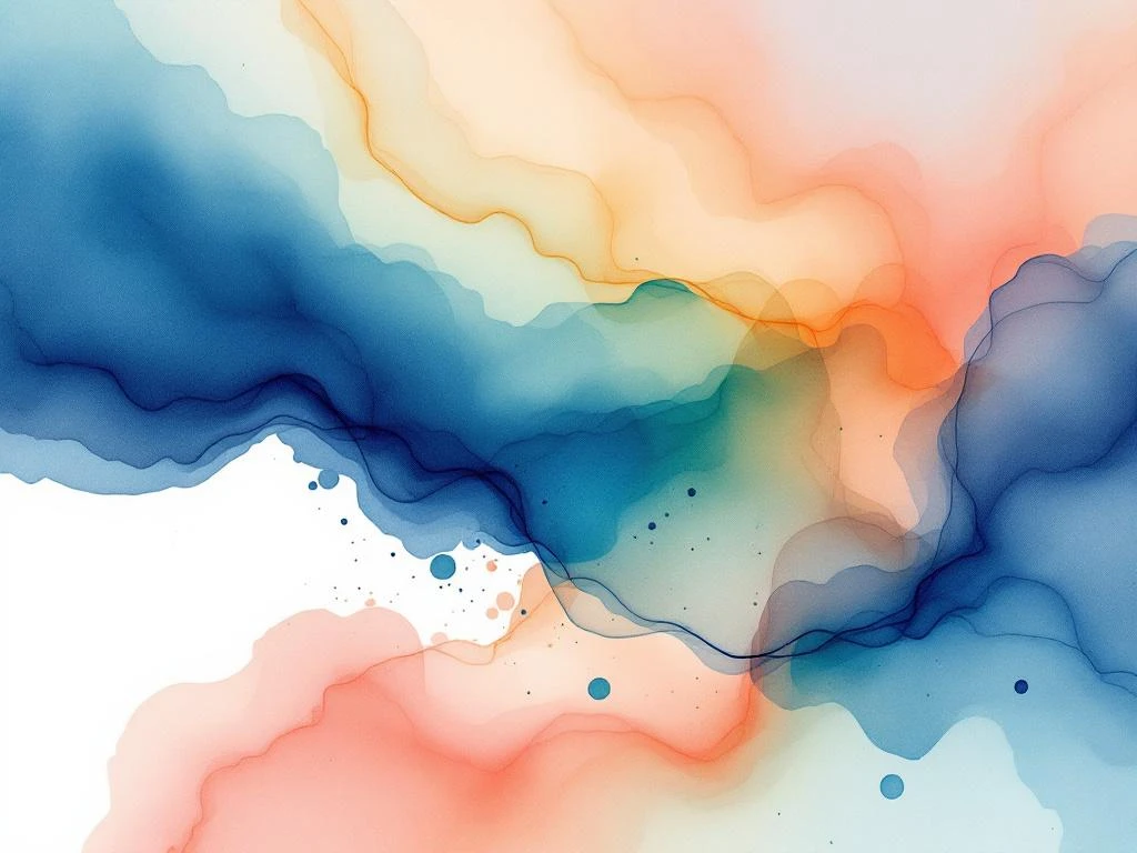 Abstract watercolor art with indigo blue and coral orange flowing into sage green and lavender on white background