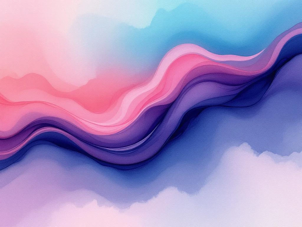 Abstract watercolor painting with flowing navy blue to teal gradients, soft purple and coral accents in organic formations