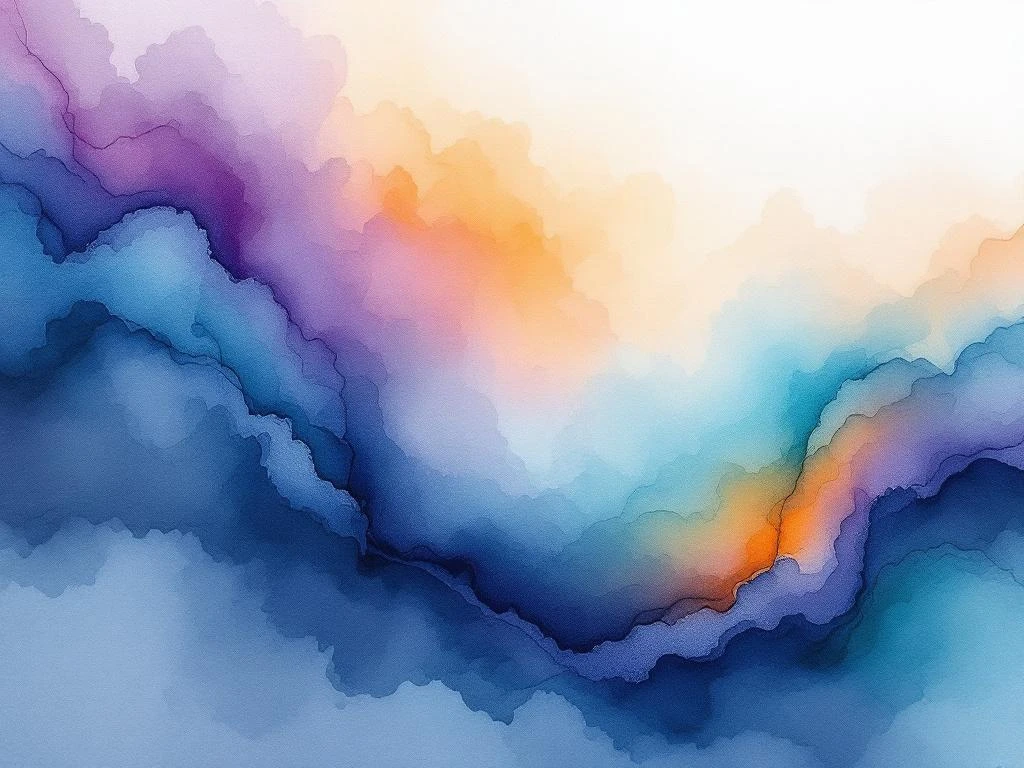 Abstract watercolor painting with flowing navy blue, teal, purple and orange gradients in diagonal composition