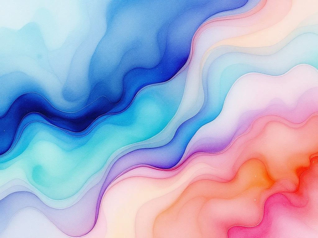Abstract watercolor painting with flowing blue, purple, and mint green gradients blending into warm amber and coral tones.