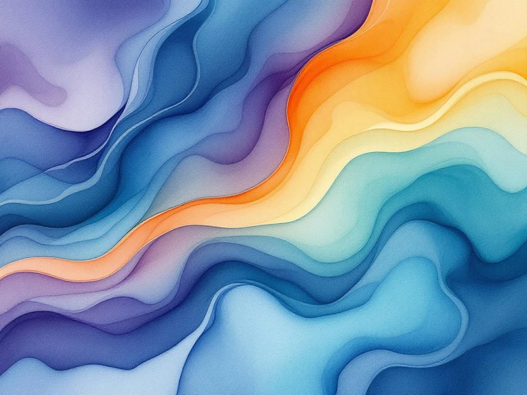 Abstract watercolor painting with flowing blue, orange, and yellow gradients blending diagonally across canvas