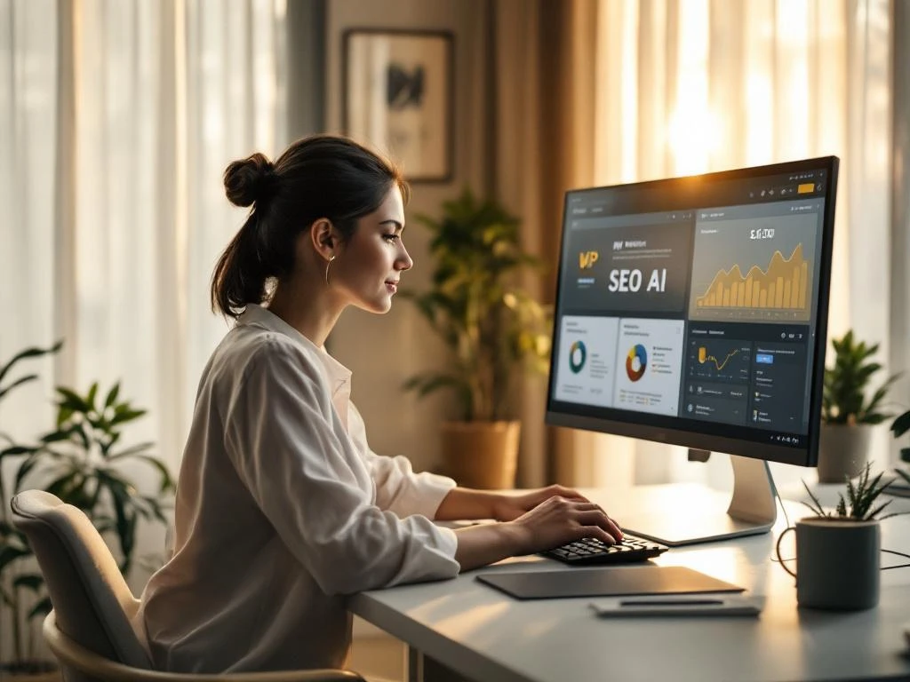 Professional woman using WP SEO AI software on monitor at modern home office desk with natural window lighting