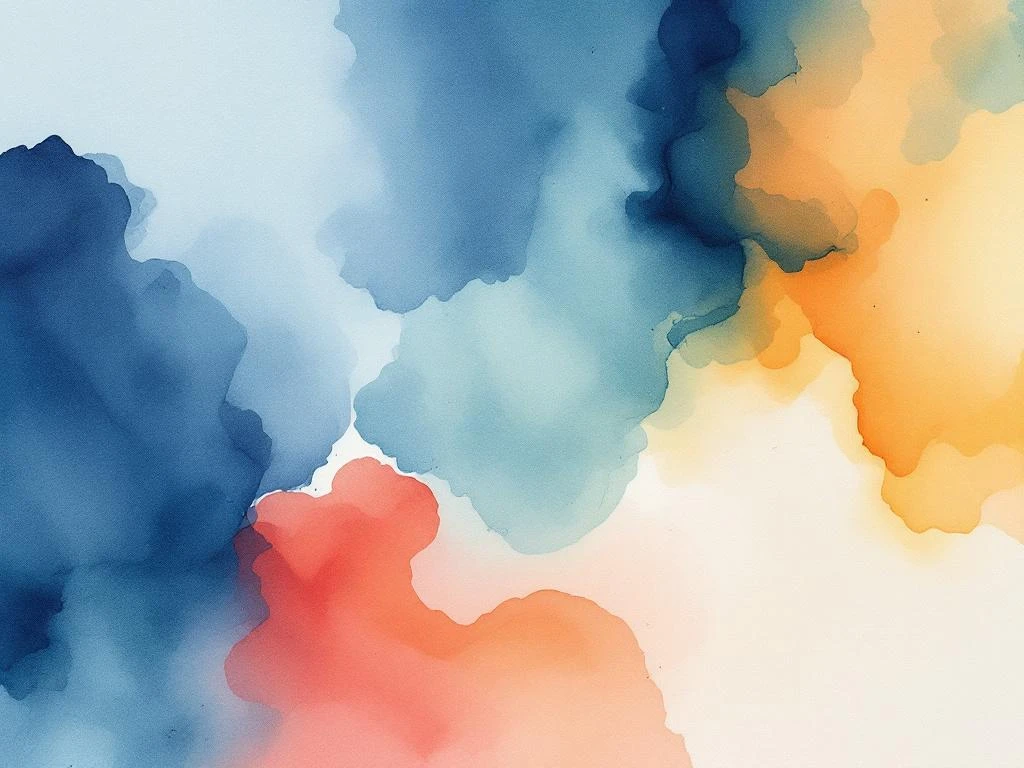 Abstract watercolor painting with flowing ocean blue, coral orange, sage green, and amber gradients in organic layers