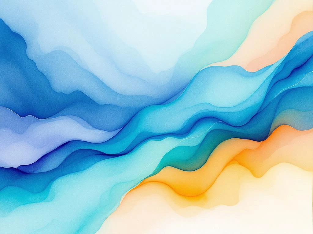 Abstract watercolor painting with flowing navy to electric blue gradients, emerald green washes, and purple accents on white