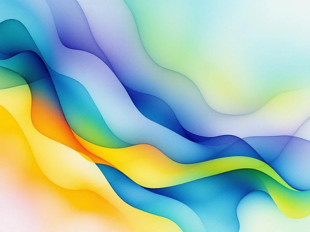 Abstract watercolor painting with flowing gradients of ocean blue, emerald green, amber and violet in organic transitions.