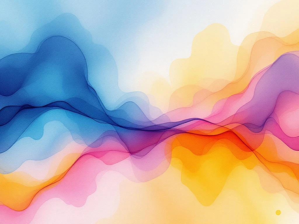 Abstract watercolor painting with flowing blue and teal gradients blending into orange and yellow with purple transitions