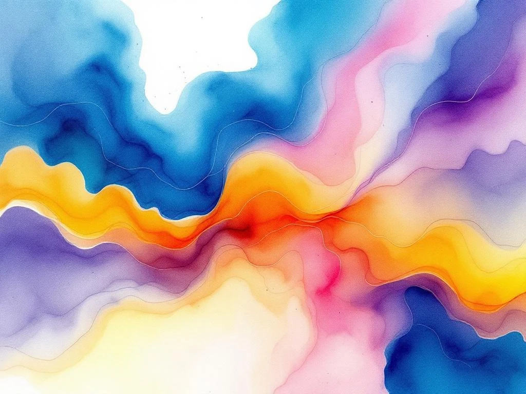 Abstract watercolor painting with flowing blue, teal, orange and yellow gradients suggesting digital connectivity and AI innovation.