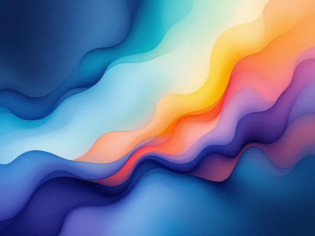 Abstract watercolor painting with flowing blue and teal gradients blending into vibrant orange and yellow hues