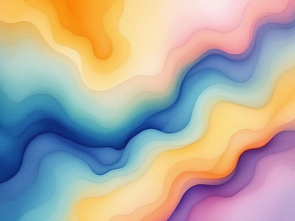 Abstract watercolor painting with flowing blue and teal gradients blending into vibrant orange and yellow hues