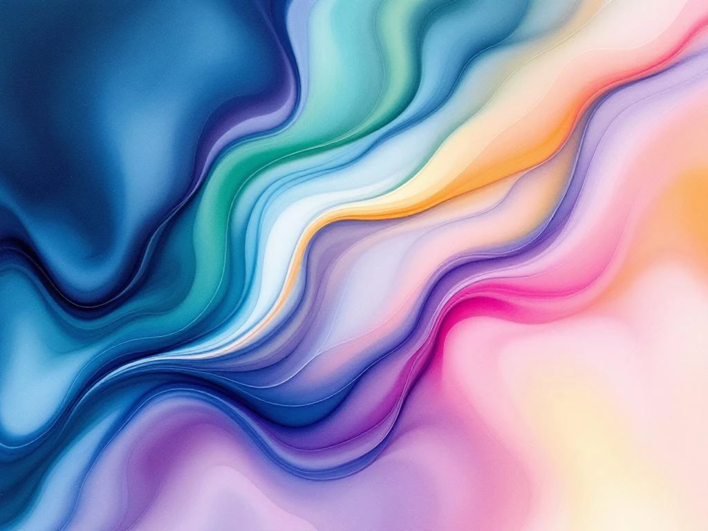 Abstract watercolor painting with flowing blue, purple, teal and green gradients blending from dark edges to light center