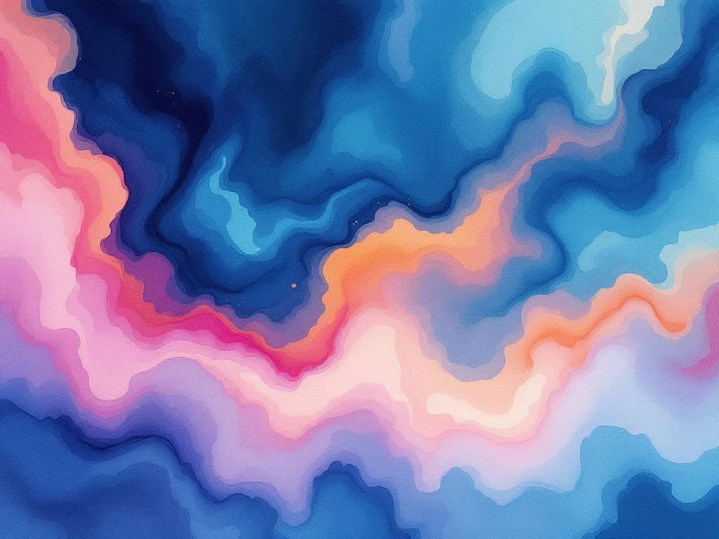 Abstract watercolor painting with flowing blue, teal, purple and magenta gradients blending into coral and amber tones