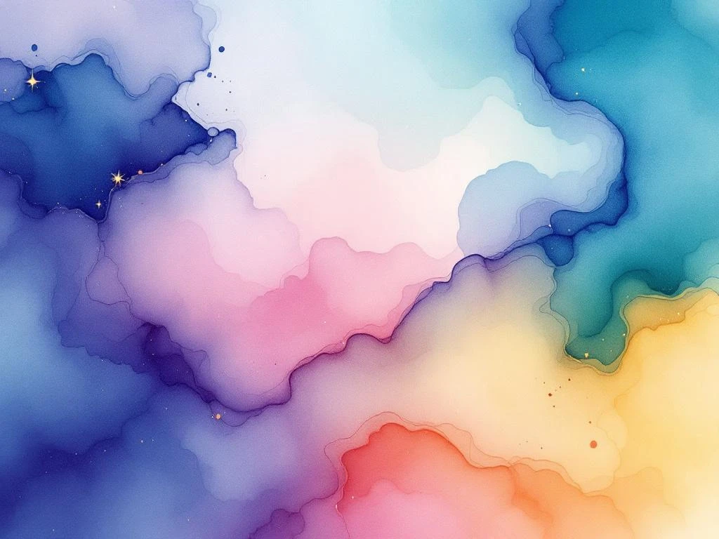 Abstract watercolor painting with flowing blue-purple gradients, emerald green washes, and coral pink accents in minimalist style.