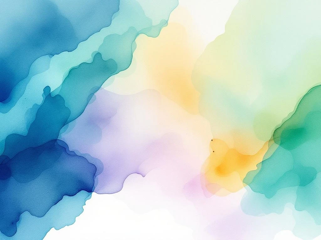 Abstract watercolor painting with flowing blues, teals, and emerald greens blending into amber and purple gradients