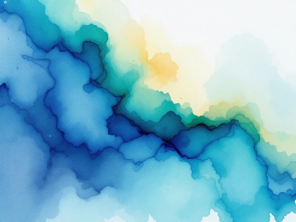 Abstract watercolor painting with flowing blue, teal, and emerald green washes blending into amber and purple at edges