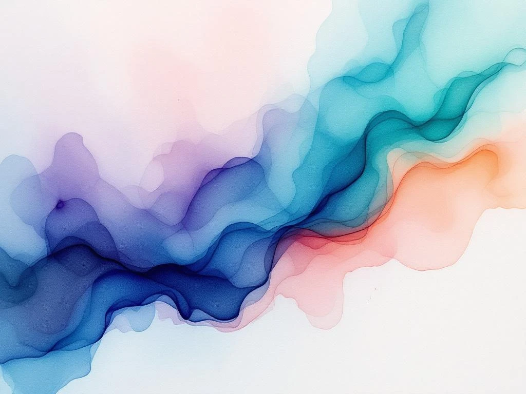 Abstract watercolor painting with flowing blue, purple, teal, and green gradients accented by warm amber and coral tones