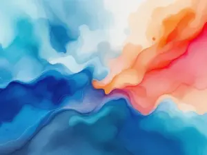 Abstract watercolor painting with flowing blue and teal gradients blending into warm amber and coral tones across canvas.