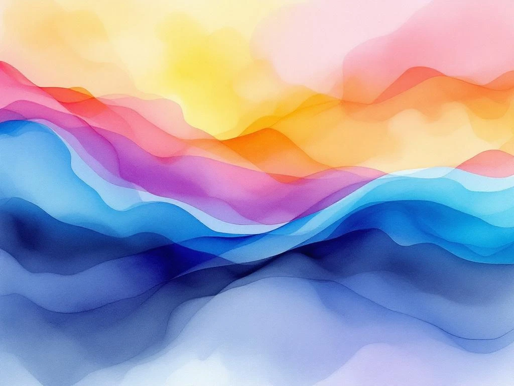 Abstract watercolor painting with flowing blue, teal, purple, yellow, and coral gradients blending organically across canvas.