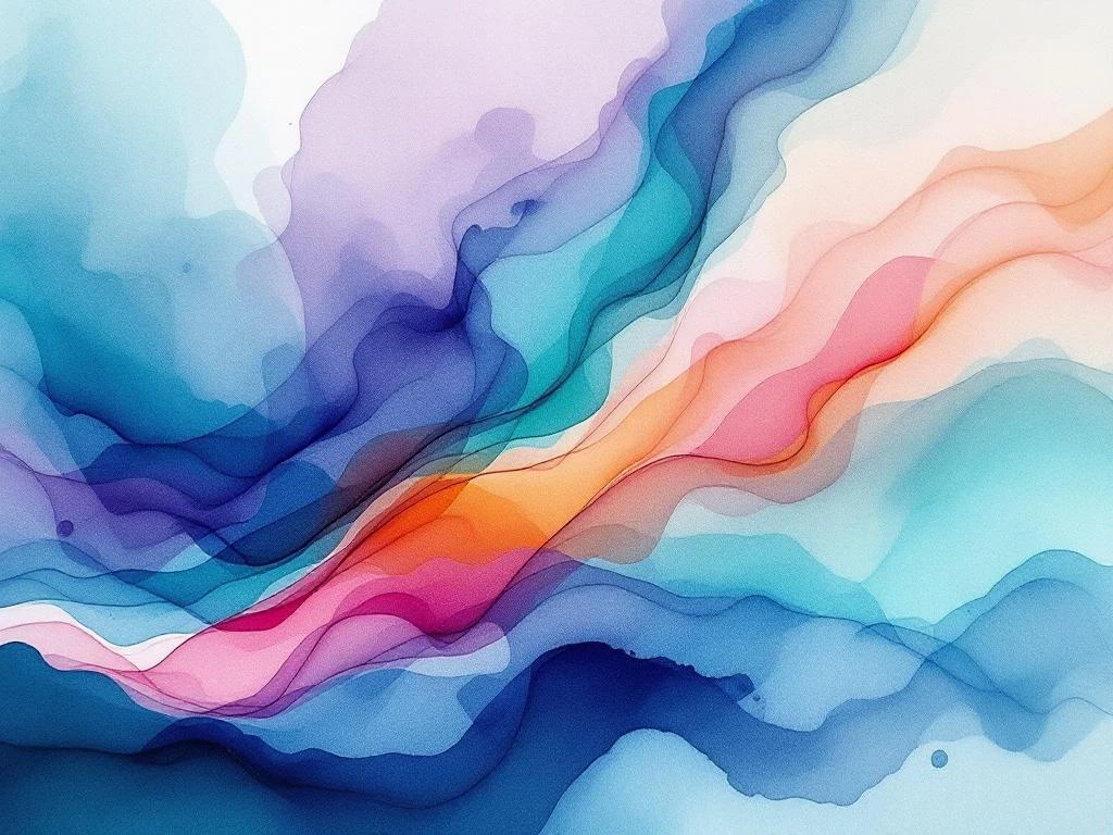 Abstract watercolor painting with flowing blue to teal gradients blending into purple, magenta, amber and coral tones