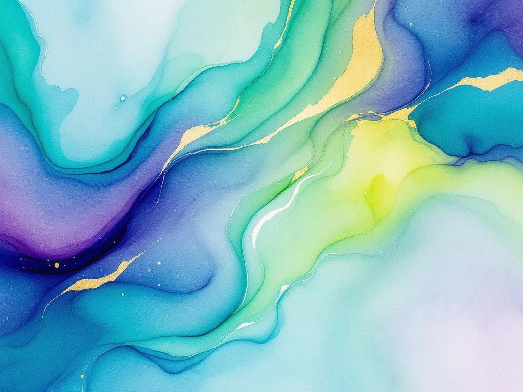 Abstract watercolor painting with flowing blue to teal gradients, purple accents, and golden yellow blends in organic composition