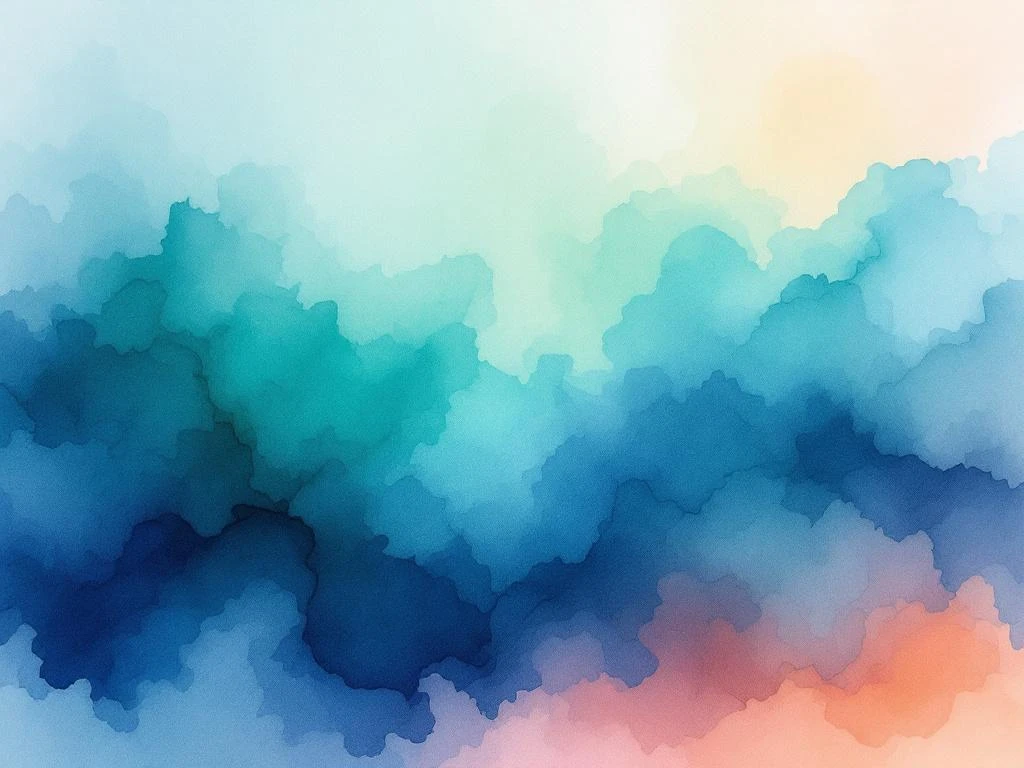 Abstract watercolor painting with flowing blues, teals, greens, amber and coral tones blending in soft organic gradients